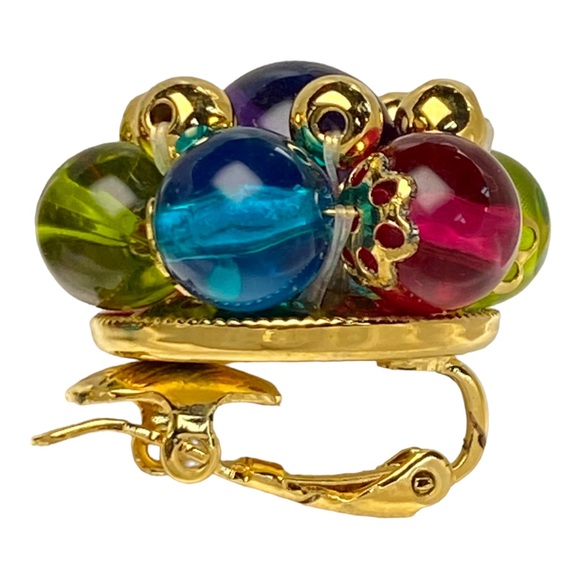 Signed Trifari Jewel-Toned Glass Bead Clip Earrings - Picture 6 of 12